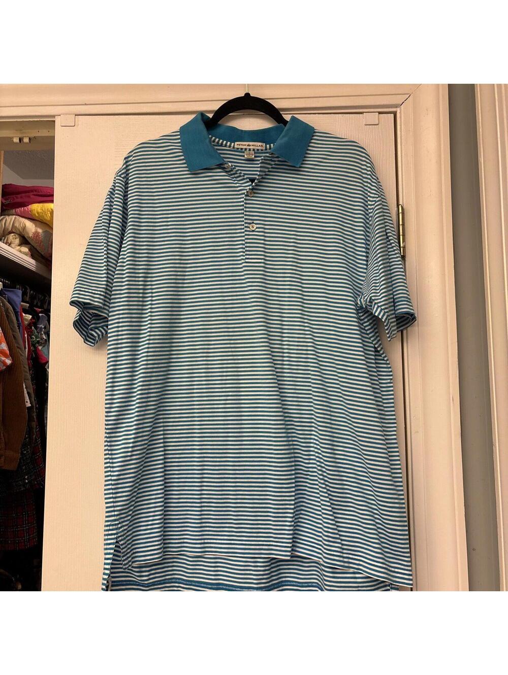 Peter Millar Polo Mens Size Large Striped Blue Green Cotton Casual Golf